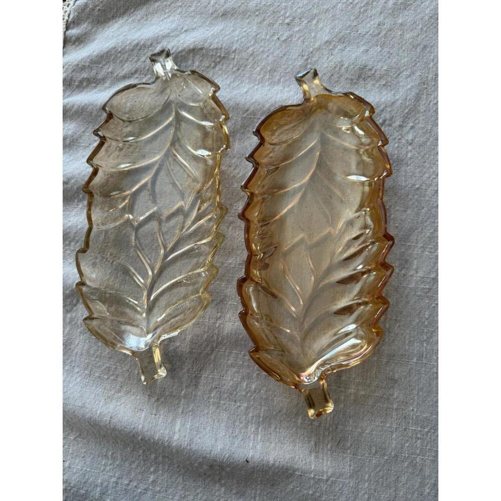 Pair Of Vintage 1950s Carnival Glass Marigold Leaf Shaped Dish MCM Fall